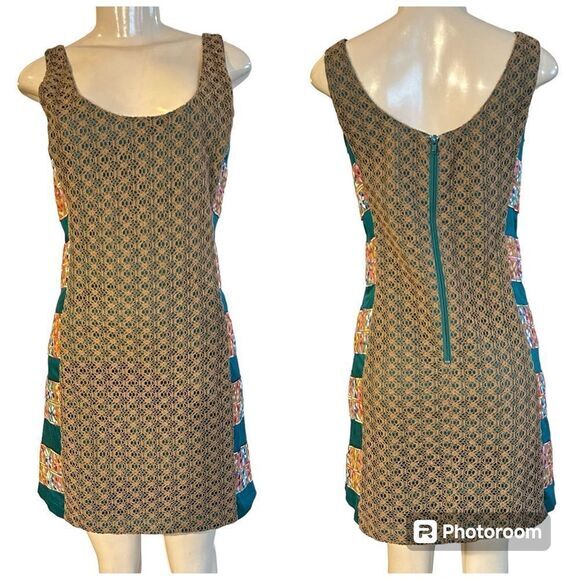 JUDITH MARCH RETRO CROCHET LACE OVERLAY EMBROIDERED COLOR BLOCK MINI DRESS M - Picture 1 of 12
